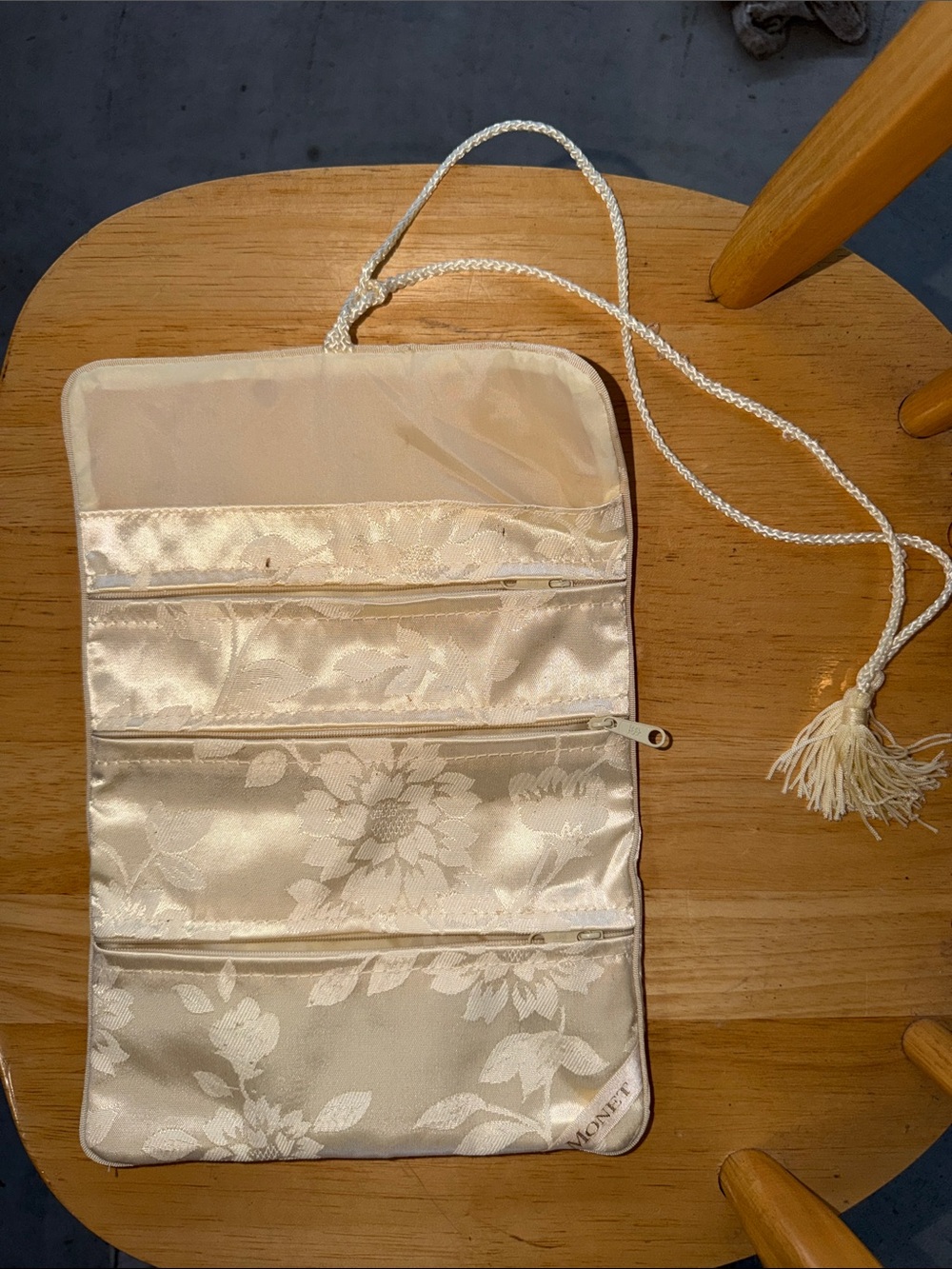 Vintage Monet Jewelry Ivory Flowered Fabric Zippered & Roll Travel Case